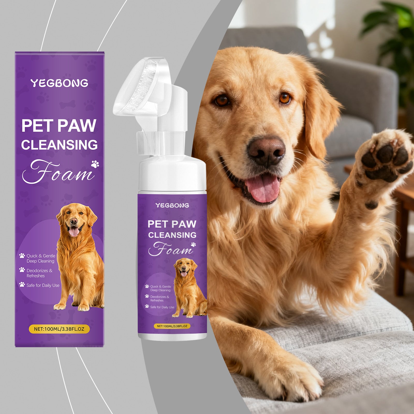 Pet Paw Cleansing Foam - Natural Rinse-Free Paw Wash with Silicone Scrubber